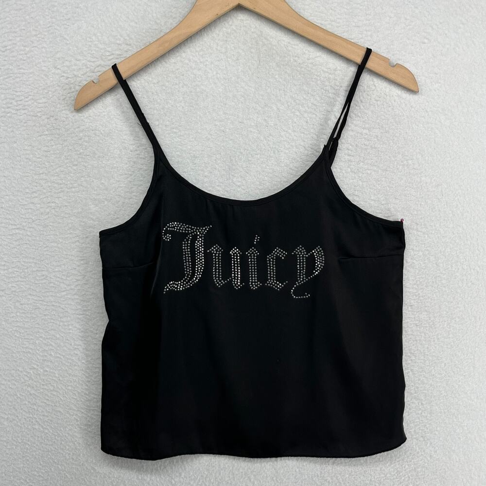 JUICY COUTURE Tank Top S Satin Pajama Cami Rhinestone Spaghetti Strap Black